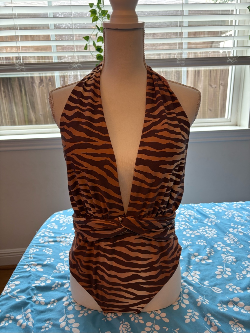 Brown Zebra-Print Halter One-Piece Swimsuit